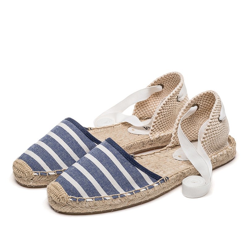 Women Straw Stripe Lace-up Fisherman Shoes - Image 3