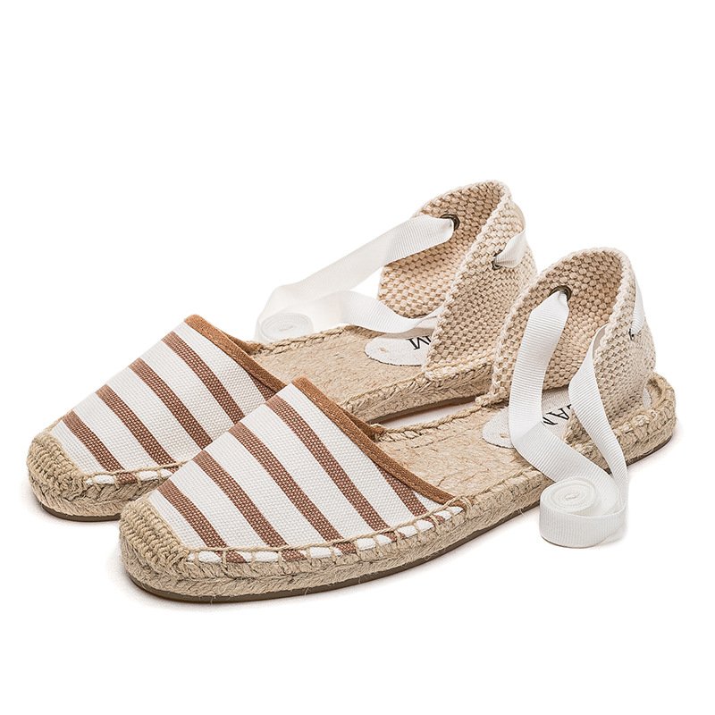 Women Straw Stripe Lace-up Fisherman Shoes - Image 4