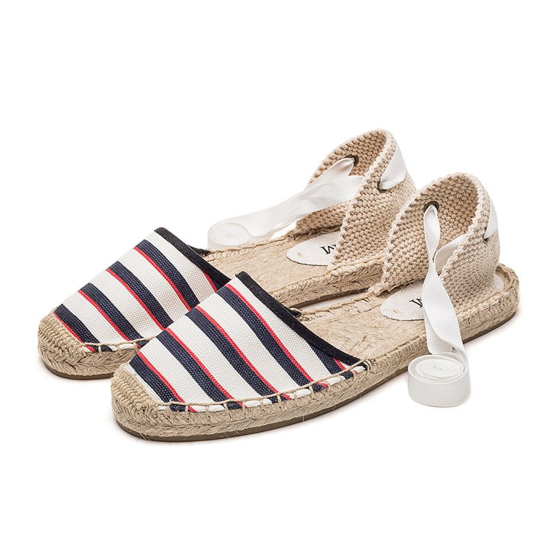 Women Straw Stripe Lace-up Fisherman Shoes - Image 5
